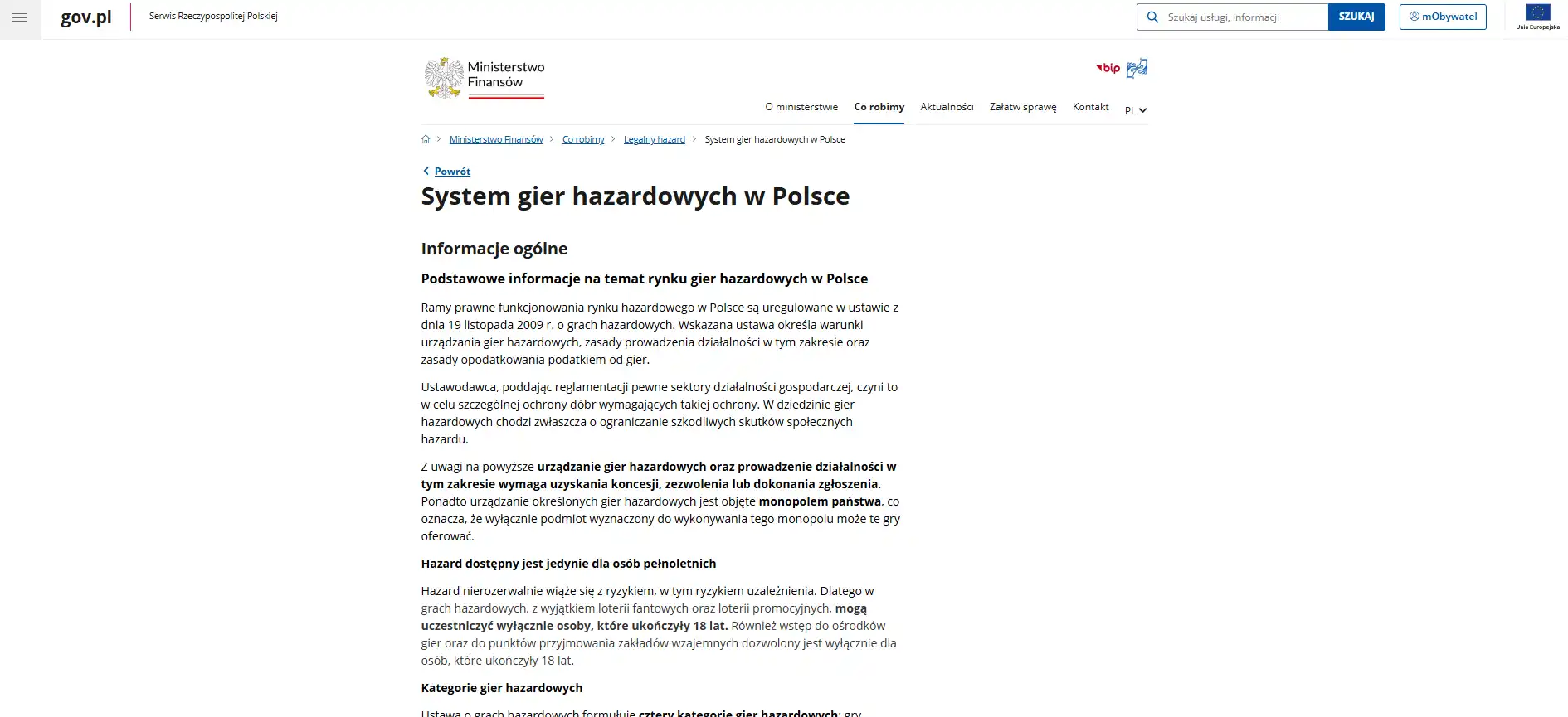 Strona Ministerstwa Finansów dotycząca legalnego hazardu